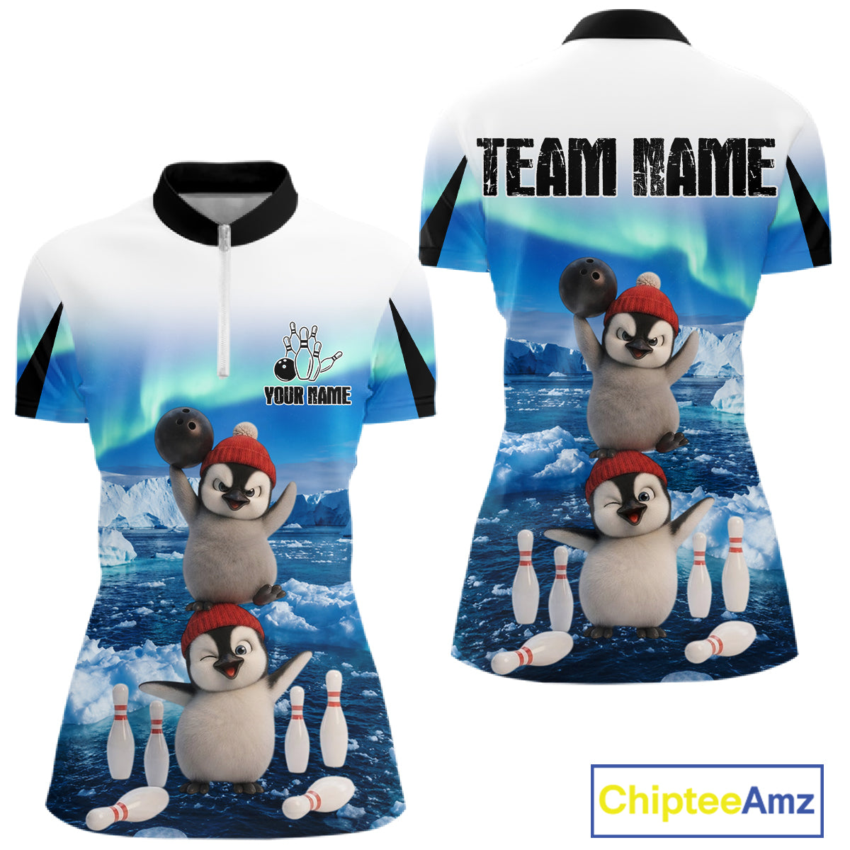 Funny Penguin Duo Women Bowling Shirt Custom Name Iceberg Bowling Polo & Quarter-Zip Jersey|Blue NYN4261