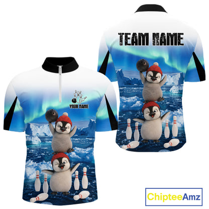 Funny Penguin Duo Men's Bowling Shirt Custom Name Iceberg Bowling Polo & Quarter-Zip Jersey|Blue NYN4261