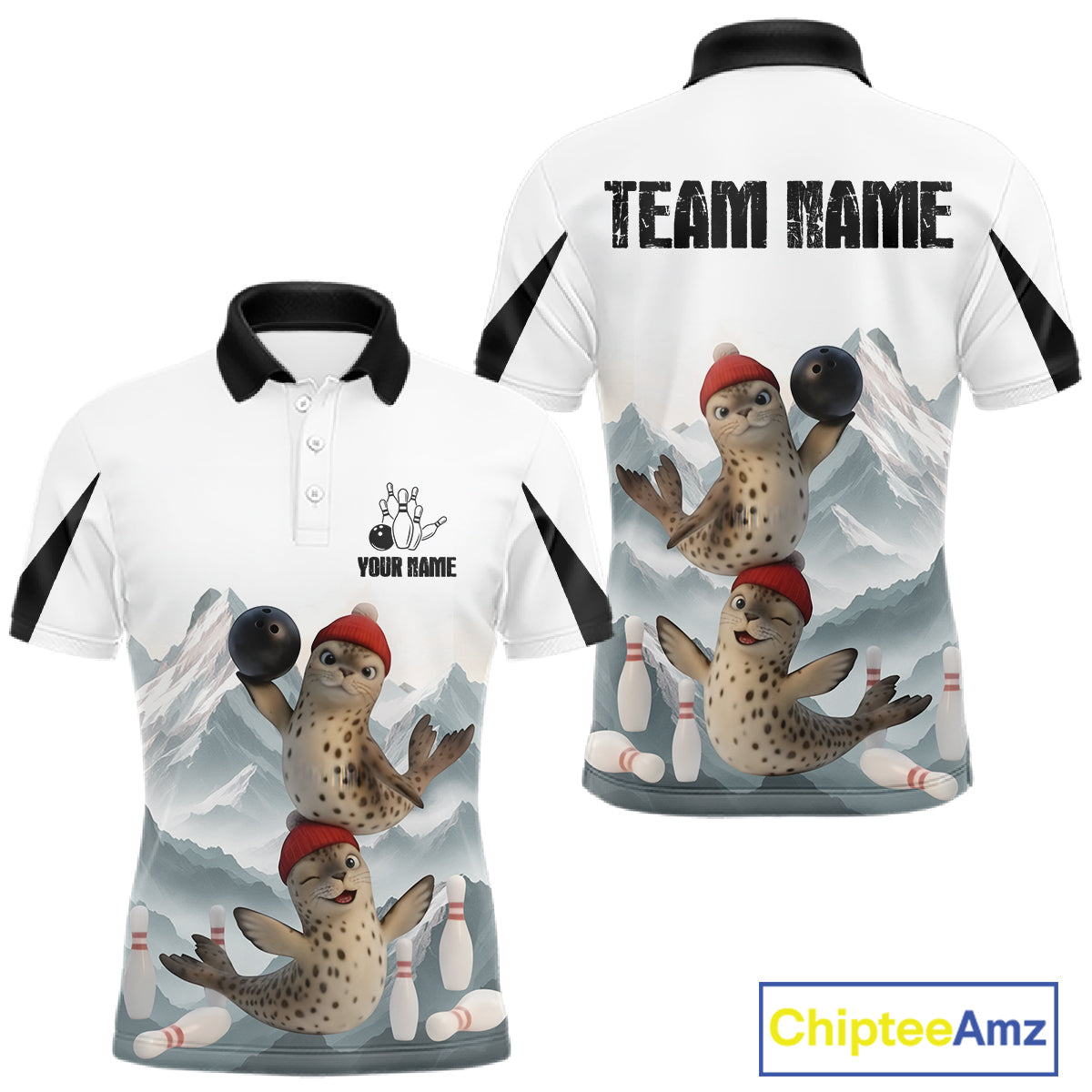 Funny Leopard Seal Duo Men's Bowling Shirt Custom Name Iceberg Bowling Polo & Quarter-Zip Jersey NYN4262