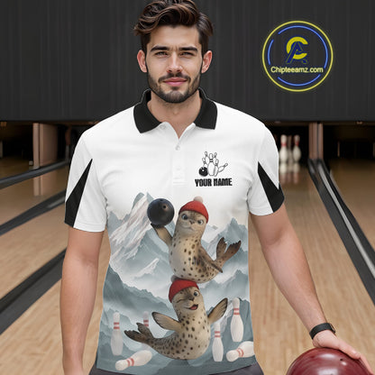 Funny Leopard Seal Duo Men's Bowling Shirt Custom Name Iceberg Bowling Polo & Quarter-Zip Jersey NYN4262