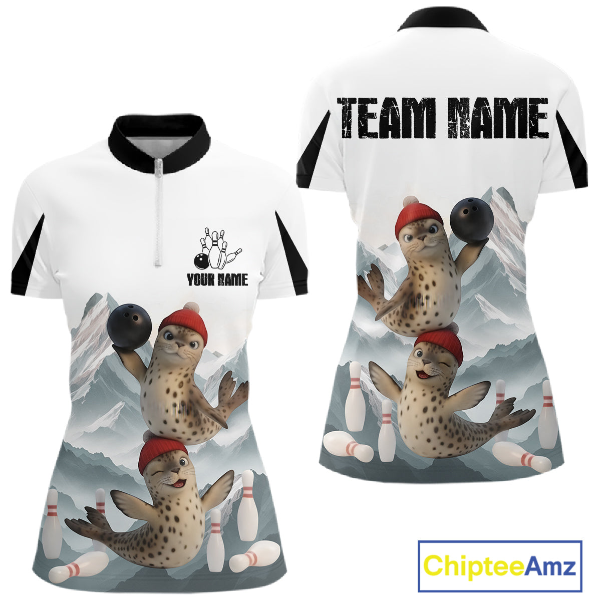 Funny Leopard Seal Duo Women Bowling Shirt Custom Name Iceberg Bowling Polo & Quarter-Zip Jersey NYN4262