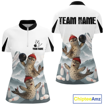 Funny Leopard Seal Duo Women Bowling Shirt Custom Name Iceberg Bowling Polo & Quarter-Zip Jersey NYN4262