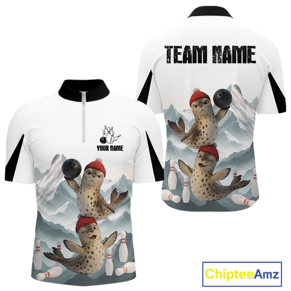 Funny Leopard Seal Duo Men's Bowling Shirt Custom Name Iceberg Bowling Polo & Quarter-Zip Jersey NYN4262