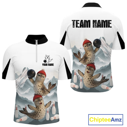 Funny Leopard Seal Duo Men's Bowling Shirt Custom Name Iceberg Bowling Polo & Quarter-Zip Jersey NYN4262