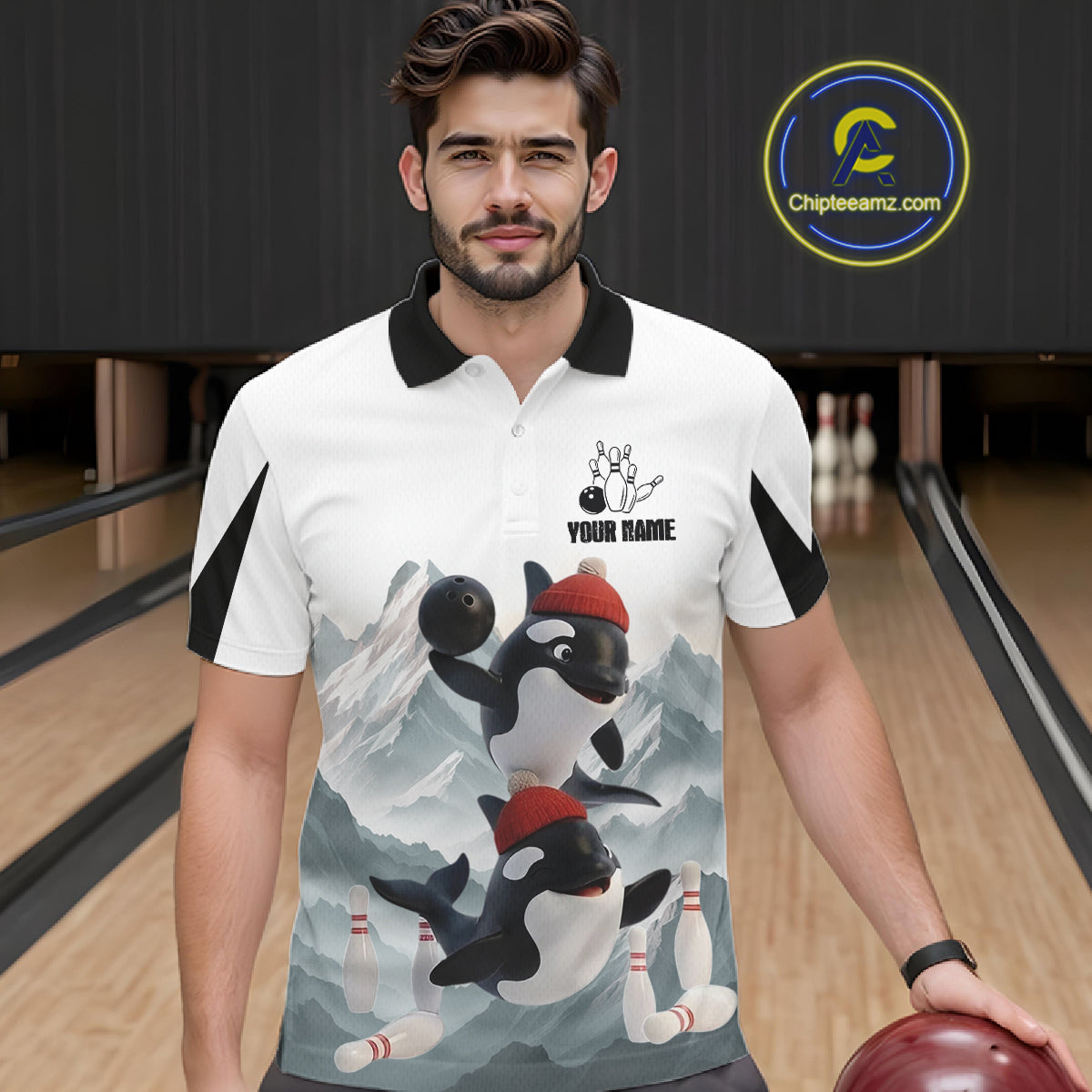 Funny Killer Whale Duo Men's Bowling Shirt Custom Name Iceberg Bowling Polo & Quarter-Zip Jersey NYN4263
