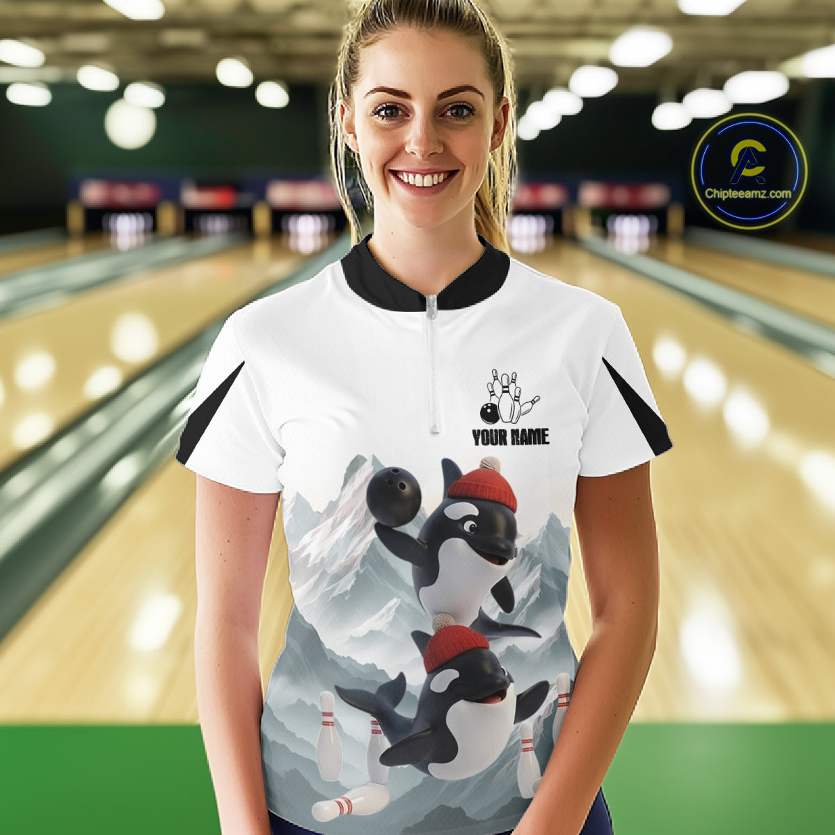 Funny Killer Whale Duo Women Bowling Shirt Custom Name Iceberg Bowling Polo & Quarter-Zip Jersey NYN4263