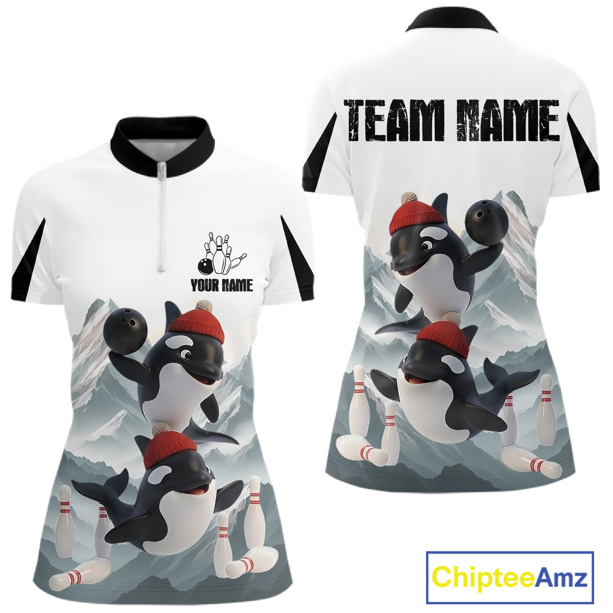 Funny Killer Whale Duo Women Bowling Shirt Custom Name Iceberg Bowling Polo & Quarter-Zip Jersey NYN4263