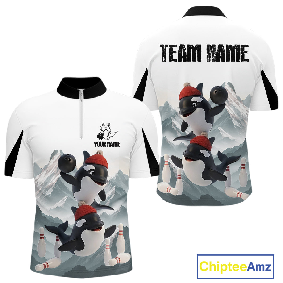 Funny Killer Whale Duo Men's Bowling Shirt Custom Name Iceberg Bowling Polo & Quarter-Zip Jersey NYN4263