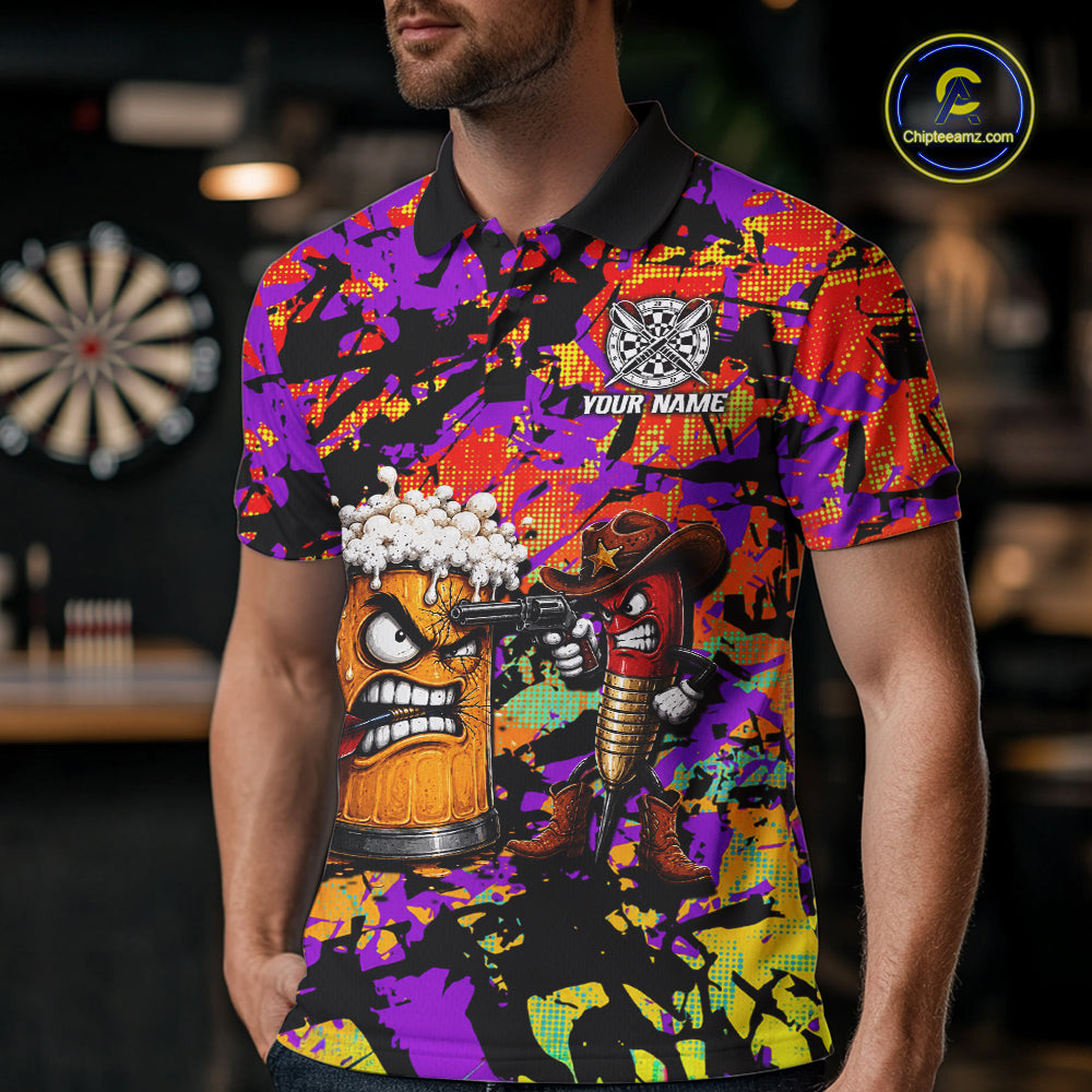 Angry Beer & Cowboy Dart Arrow Funny Dart Shirt For Men Custom Colorful Splash Dart Team Uniforms NYN4265