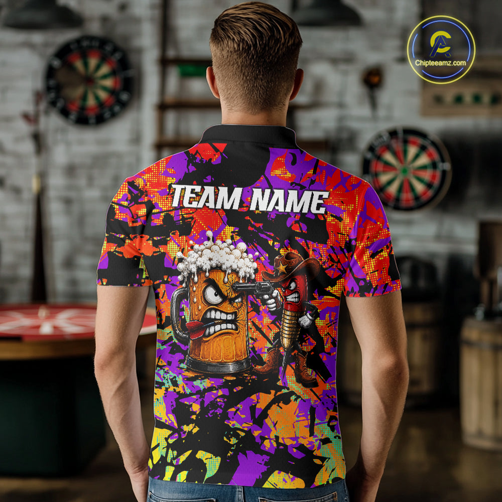 Angry Beer & Cowboy Dart Arrow Funny Dart Shirt For Men Custom Colorful Splash Dart Team Uniforms NYN4265