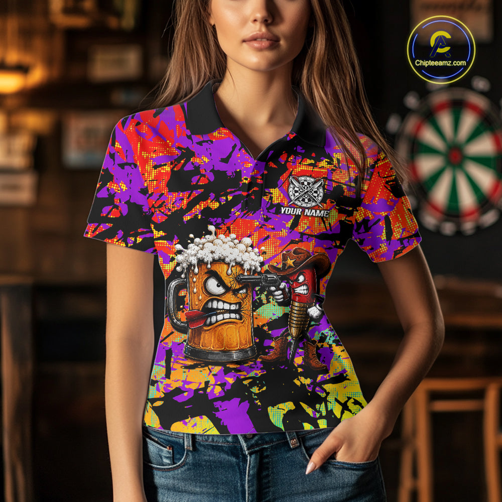 Angry Beer & Cowboy Dart Arrow Funny Dart Shirt For Women Custom Colorful Splash Dart Team Uniforms NYN4265