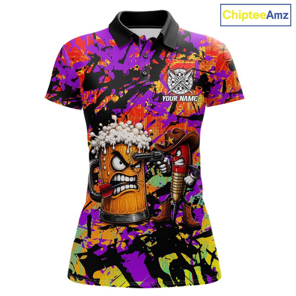 Angry Beer & Cowboy Dart Arrow Funny Dart Shirt For Women Custom Colorful Splash Dart Team Uniforms NYN4265