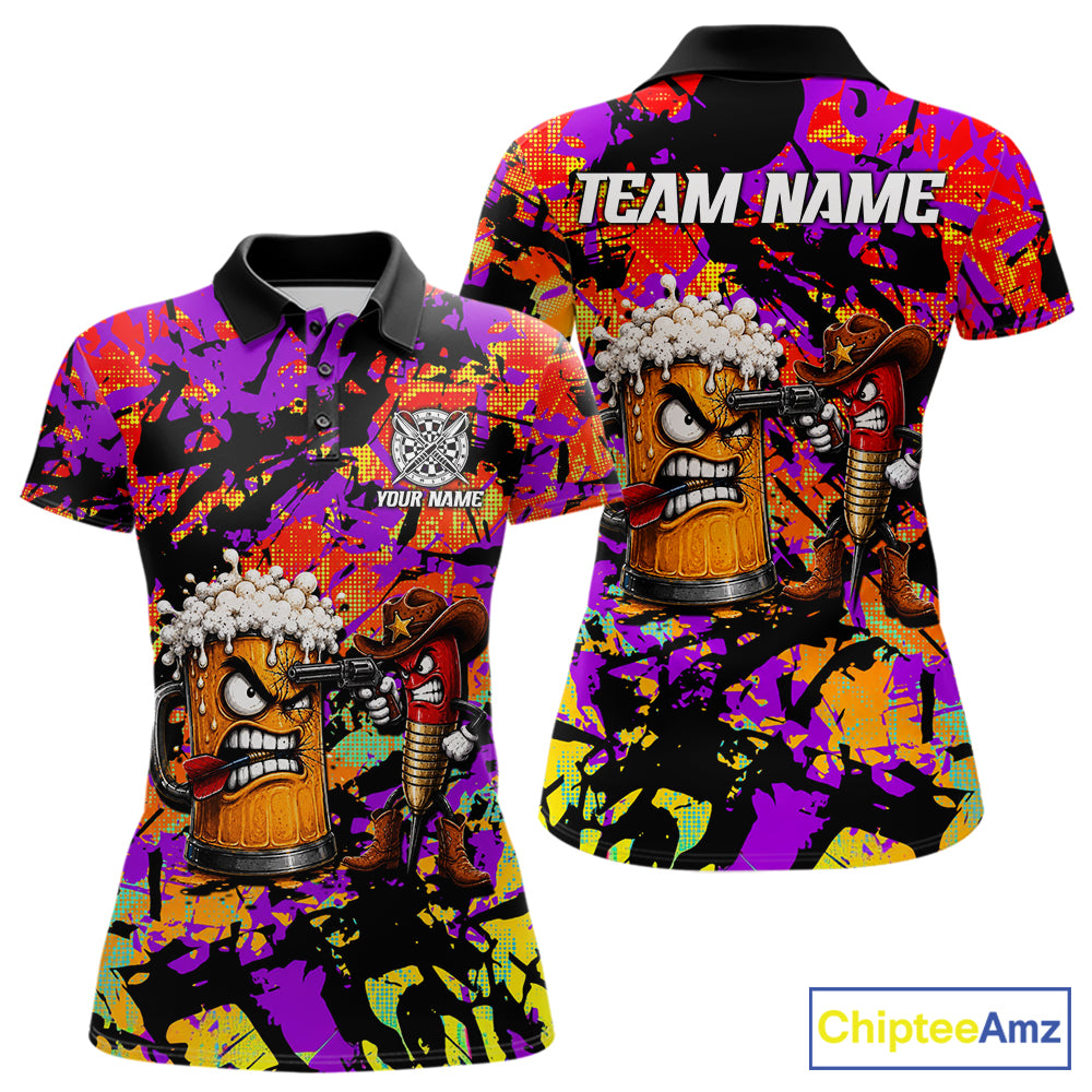 Angry Beer & Cowboy Dart Arrow Funny Dart Shirt For Women Custom Colorful Splash Dart Team Uniforms NYN4265