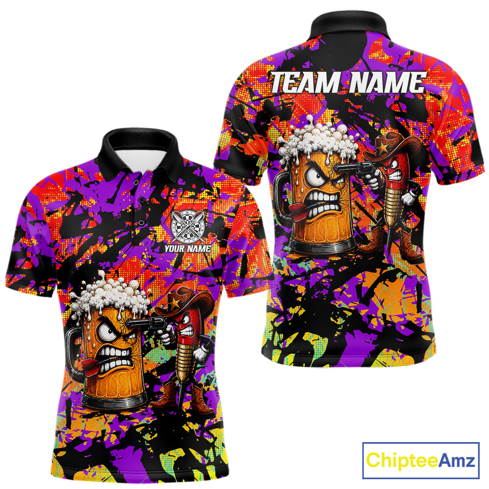 Angry Beer & Cowboy Dart Arrow Funny Dart Shirt For Men Custom Colorful Splash Dart Team Uniforms NYN4265