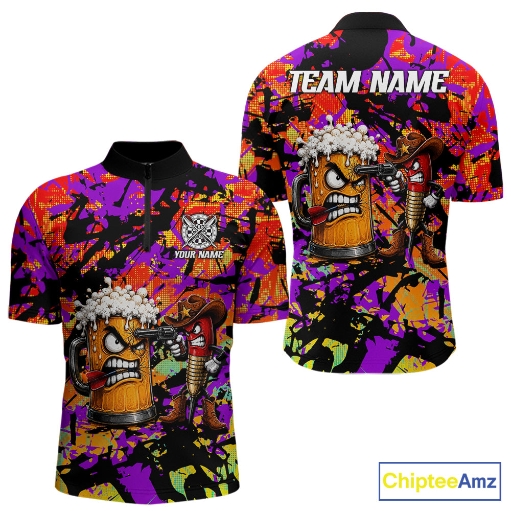Angry Beer & Cowboy Dart Arrow Funny Dart Shirt For Men Custom Colorful Splash Dart Team Uniforms NYN4265