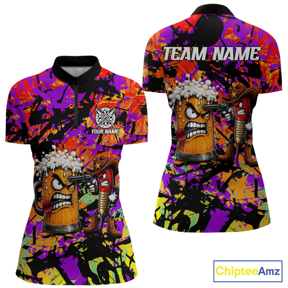 Angry Beer & Cowboy Dart Arrow Funny Dart Shirt For Women Custom Colorful Splash Dart Team Uniforms NYN4265