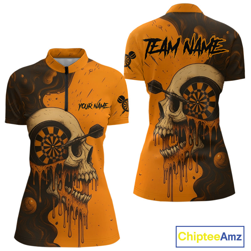 Custom Black Orange Skull Grunge Dart Women Quarter-Zip Shirt Halloween Dart Team Jerseys NYN1533