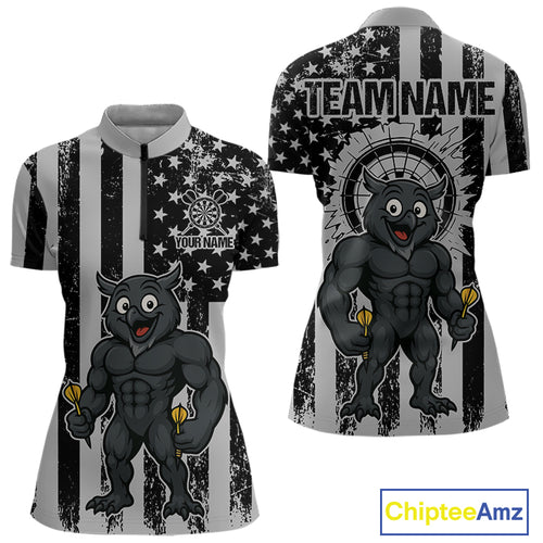 Custom Grunge Grey Owls Dartboard Funny Dart Team Patriotic Women Quarter-Zip Shirt NYN1536