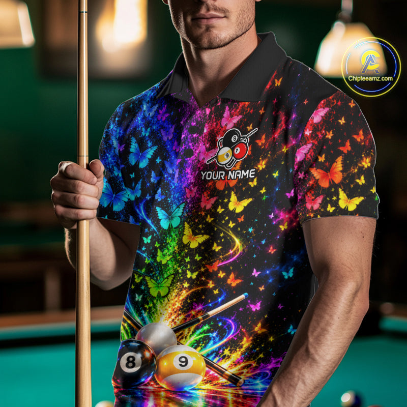 Custom 8 Ball Billiard Polo 1/4-Zip Shirt For Men Neon Butterfly Pool Jersey Billiard League Shirt NYN4678
