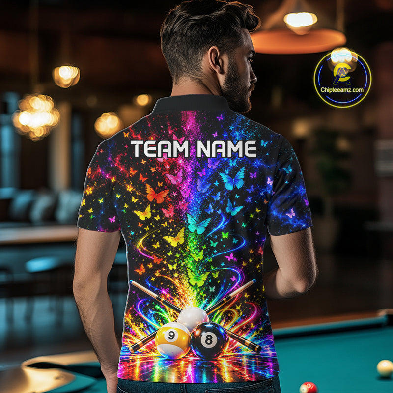 Custom 8 Ball Billiard Polo 1/4-Zip Shirt For Men Neon Butterfly Pool Jersey Billiard League Shirt NYN4678