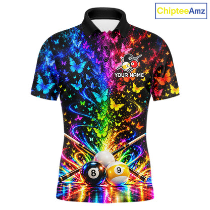 Custom 8 Ball Billiard Polo 1/4-Zip Shirt For Men Neon Butterfly Pool Jersey Billiard League Shirt NYN4678