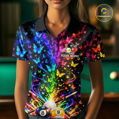 Custom 8 Ball Billiard Polo 1/4-Zip Shirt For Women Neon Butterfly Pool Jersey Billiard League Shirt NYN4678