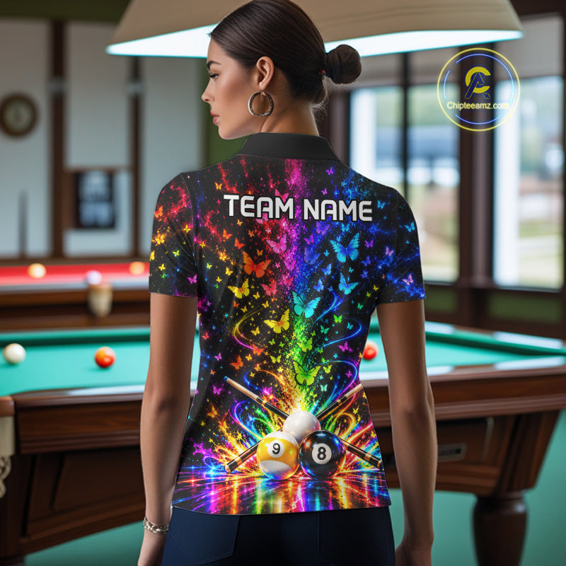 Custom 8 Ball Billiard Polo 1/4-Zip Shirt For Women Neon Butterfly Pool Jersey Billiard League Shirt NYN4678