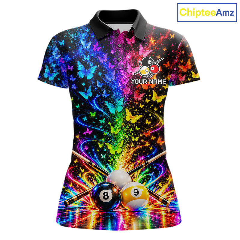 Custom 8 Ball Billiard Polo 1/4-Zip Shirt For Women Neon Butterfly Pool Jersey Billiard League Shirt NYN4678