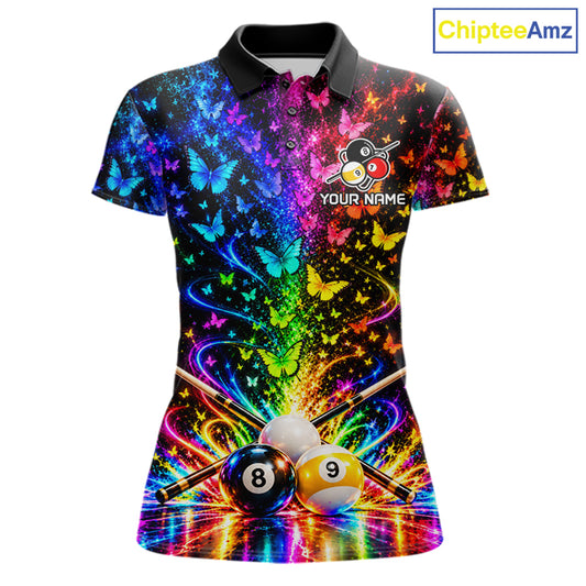 Custom 8 Ball Billiard Polo 1/4-Zip Shirt For Women Neon Butterfly Pool Jersey Billiard League Shirt NYN4678
