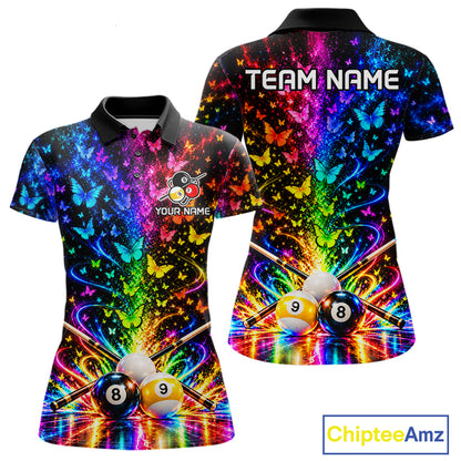 Custom 8 Ball Billiard Polo 1/4-Zip Shirt For Women Neon Butterfly Pool Jersey Billiard League Shirt NYN4678