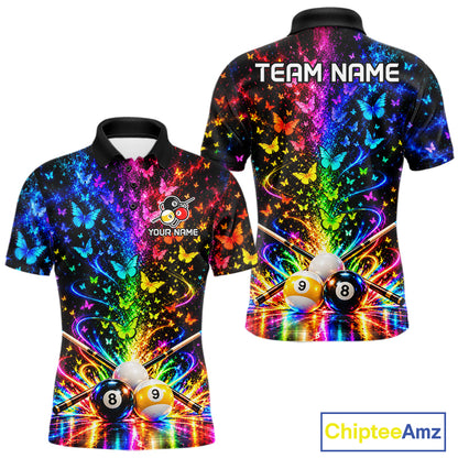 Custom 8 Ball Billiard Polo 1/4-Zip Shirt For Men Neon Butterfly Pool Jersey Billiard League Shirt NYN4678