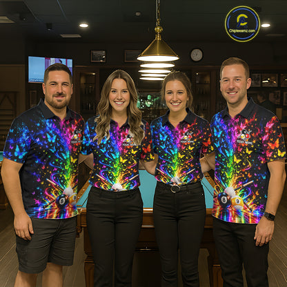 Custom 8 Ball Billiard Polo 1/4-Zip Shirt For Women Neon Butterfly Pool Jersey Billiard League Shirt NYN4678