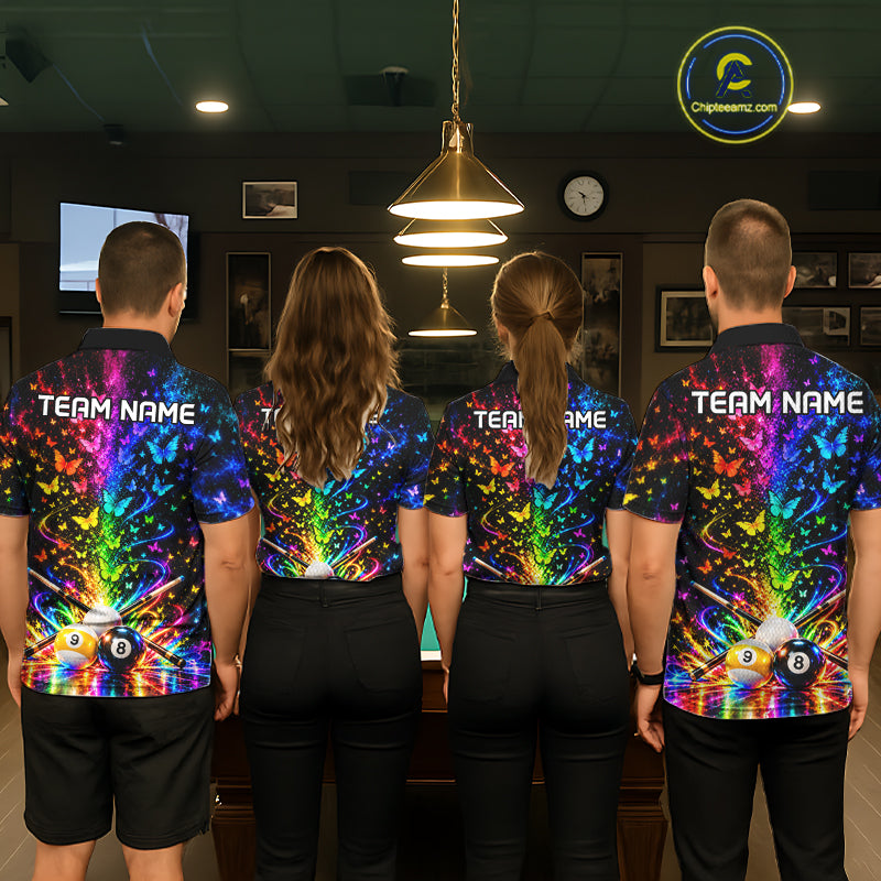Custom 8 Ball Billiard Polo 1/4-Zip Shirt For Women Neon Butterfly Pool Jersey Billiard League Shirt NYN4678