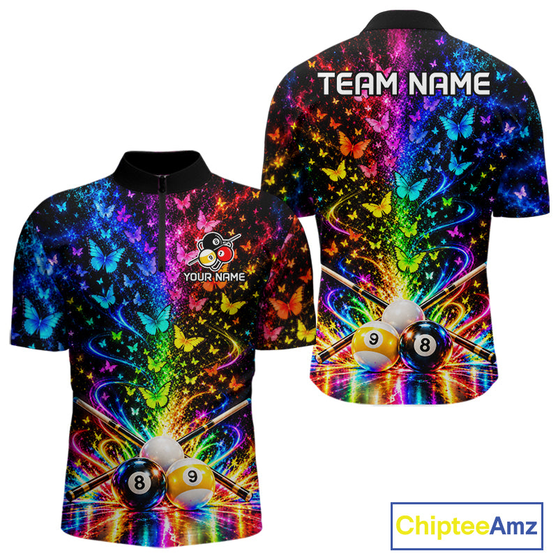Custom 8 Ball Billiard Polo 1/4-Zip Shirt For Men Neon Butterfly Pool Jersey Billiard League Shirt NYN4678