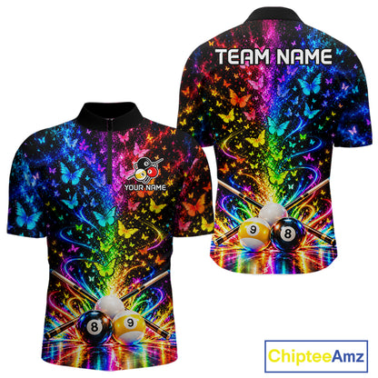 Custom 8 Ball Billiard Polo 1/4-Zip Shirt For Men Neon Butterfly Pool Jersey Billiard League Shirt NYN4678