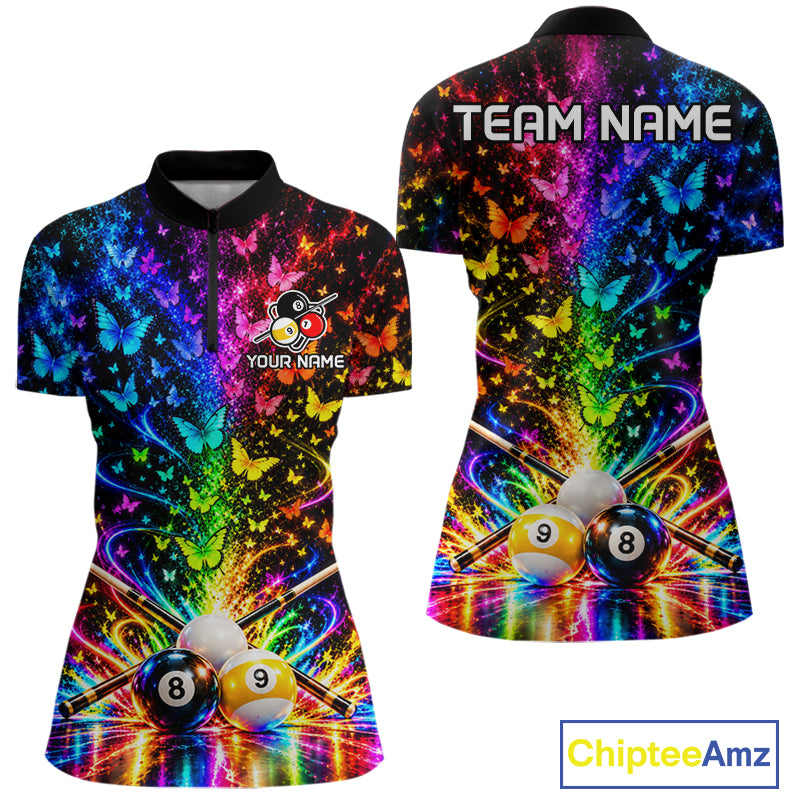 Custom 8 Ball Billiard Polo 1/4-Zip Shirt For Women Neon Butterfly Pool Jersey Billiard League Shirt NYN4678