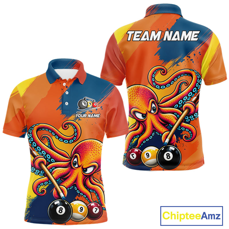 Funny Men Billiards Polo 1/4-Zip Shirt Custom 8-Ball Octopus & Pool Cue Shirt, Billiard Team Uniform NYN4680