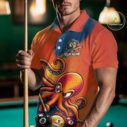 Funny Men Billiards Polo 1/4-Zip Shirt Custom 8-Ball Octopus & Pool Cue Shirt, Billiard Team Uniform NYN4680