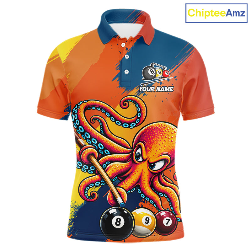 Funny Men Billiards Polo 1/4-Zip Shirt Custom 8-Ball Octopus & Pool Cue Shirt, Billiard Team Uniform NYN4680