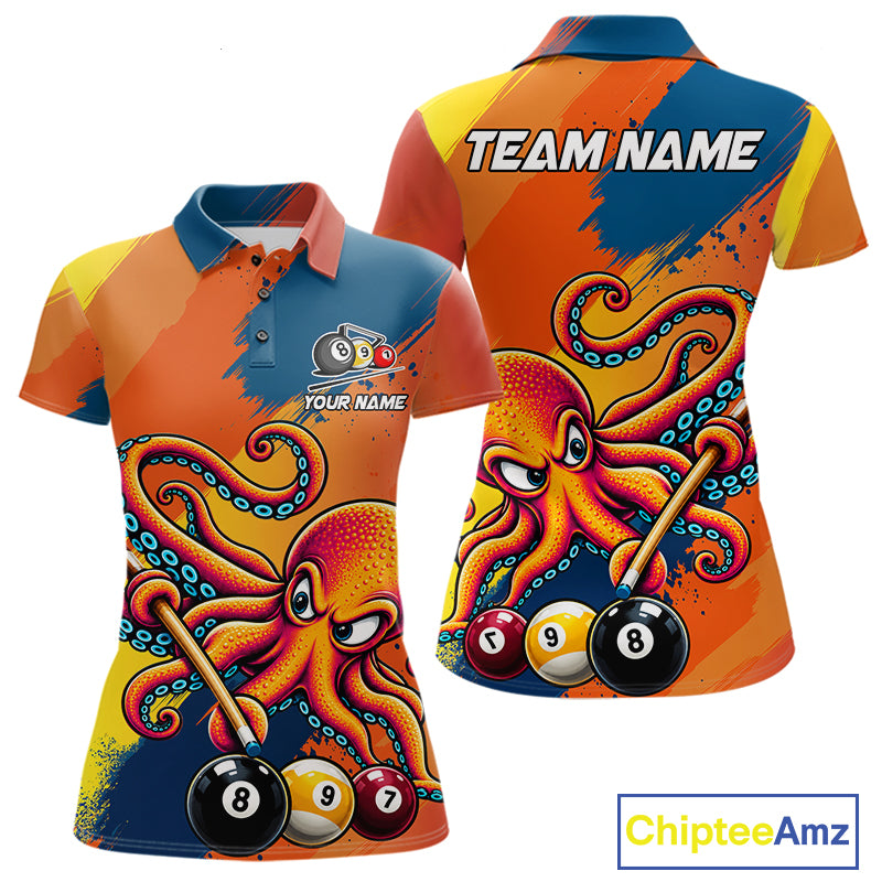 Funny Women Billiards Polo 1/4-Zip Shirt Custom 8-Ball Octopus & Pool Cue Shirt, Billiard Team Uniform NYN4680