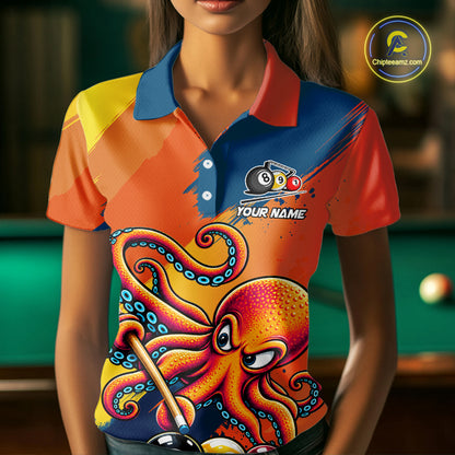 Funny Women Billiards Polo 1/4-Zip Shirt Custom 8-Ball Octopus & Pool Cue Shirt, Billiard Team Uniform NYN4680