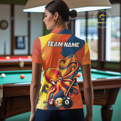 Funny Women Billiards Polo 1/4-Zip Shirt Custom 8-Ball Octopus & Pool Cue Shirt, Billiard Team Uniform NYN4680