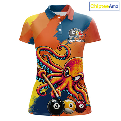 Funny Women Billiards Polo 1/4-Zip Shirt Custom 8-Ball Octopus & Pool Cue Shirt, Billiard Team Uniform NYN4680