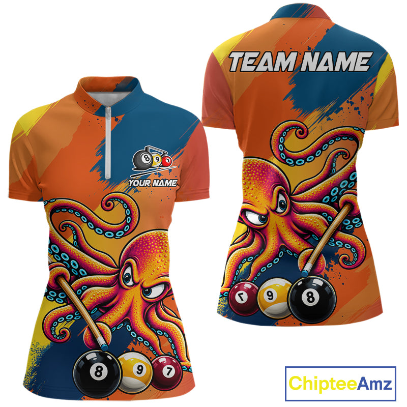 Funny Women Billiards Polo 1/4-Zip Shirt Custom 8-Ball Octopus & Pool Cue Shirt, Billiard Team Uniform NYN4680