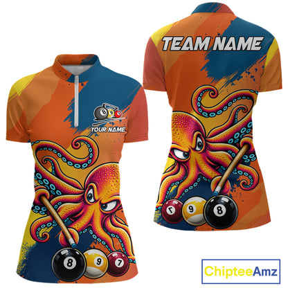Funny Women Billiards Polo 1/4-Zip Shirt Custom 8-Ball Octopus & Pool Cue Shirt, Billiard Team Uniform NYN4680