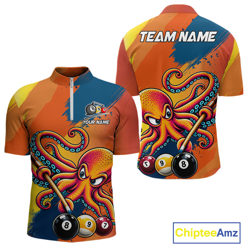 Funny Men Billiards Polo 1/4-Zip Shirt Custom 8-Ball Octopus & Pool Cue Shirt, Billiard Team Uniform NYN4680