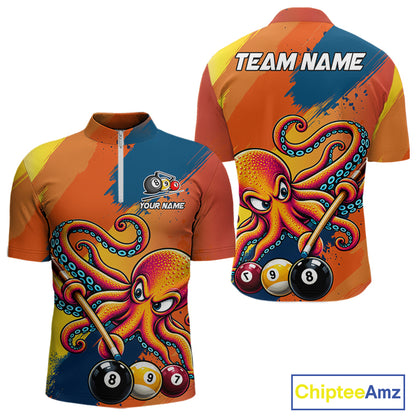 Funny Men Billiards Polo 1/4-Zip Shirt Custom 8-Ball Octopus & Pool Cue Shirt, Billiard Team Uniform NYN4680