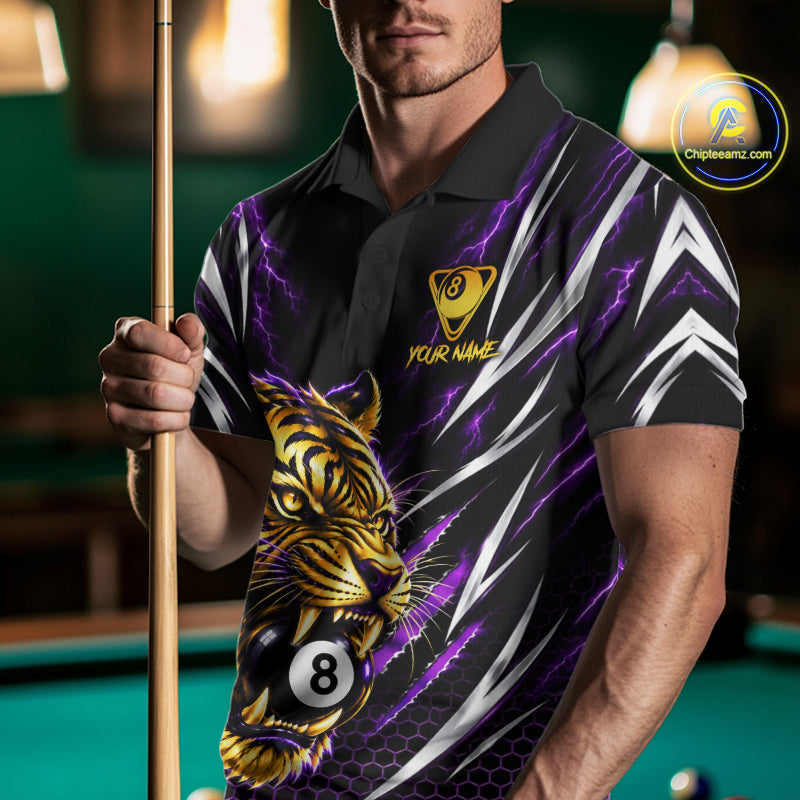 Mens Scratch Tiger Billiard Polo 1/4-Zip Shirt Custom Purple Thunder 8 Ball Tiger Billiard Team Jersey NYN4683