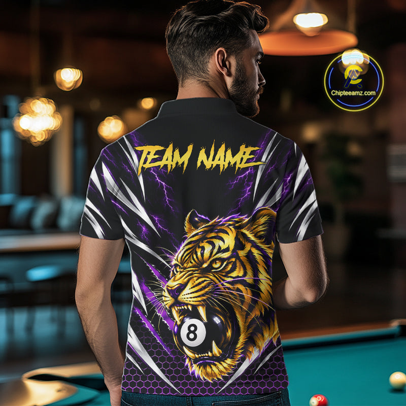 Mens Scratch Tiger Billiard Polo 1/4-Zip Shirt Custom Purple Thunder 8 Ball Tiger Billiard Team Jersey NYN4683