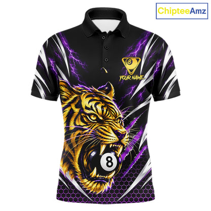 Mens Scratch Tiger Billiard Polo 1/4-Zip Shirt Custom Purple Thunder 8 Ball Tiger Billiard Team Jersey NYN4683